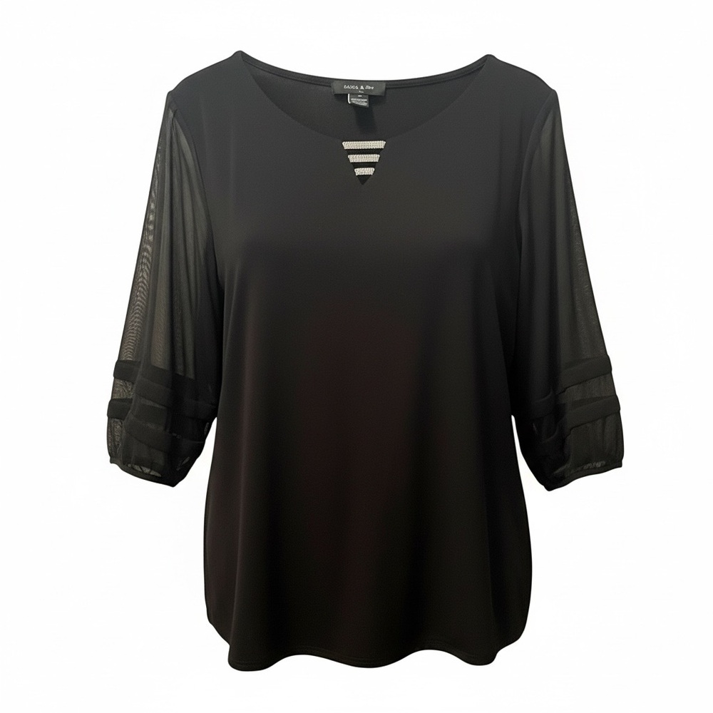 Black Mesh-Sleeve Women's Blouse with Striped Neck Accent